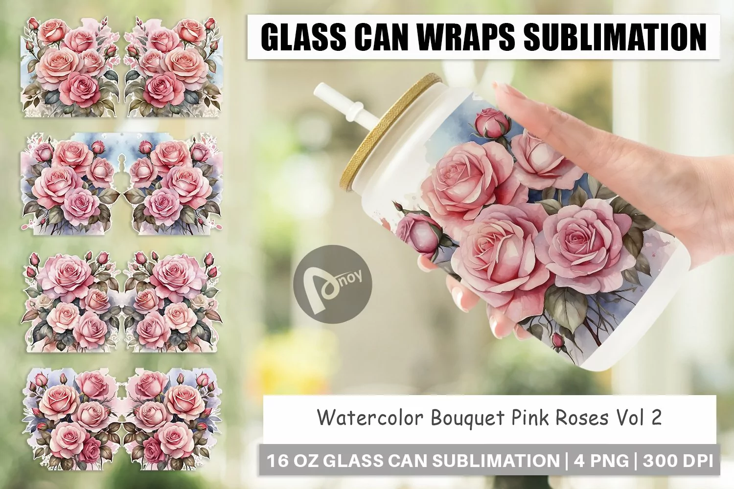 Glass Can Wraps Watercolor Bouquet Pink Roses product image 1