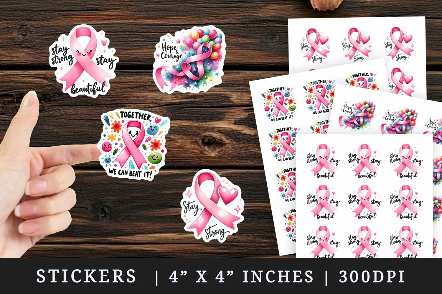 Watercolor breast cancer awareness pink ribbon and balloons heart Stay strong quote support print sticker sheet stickers printable sublimation design png