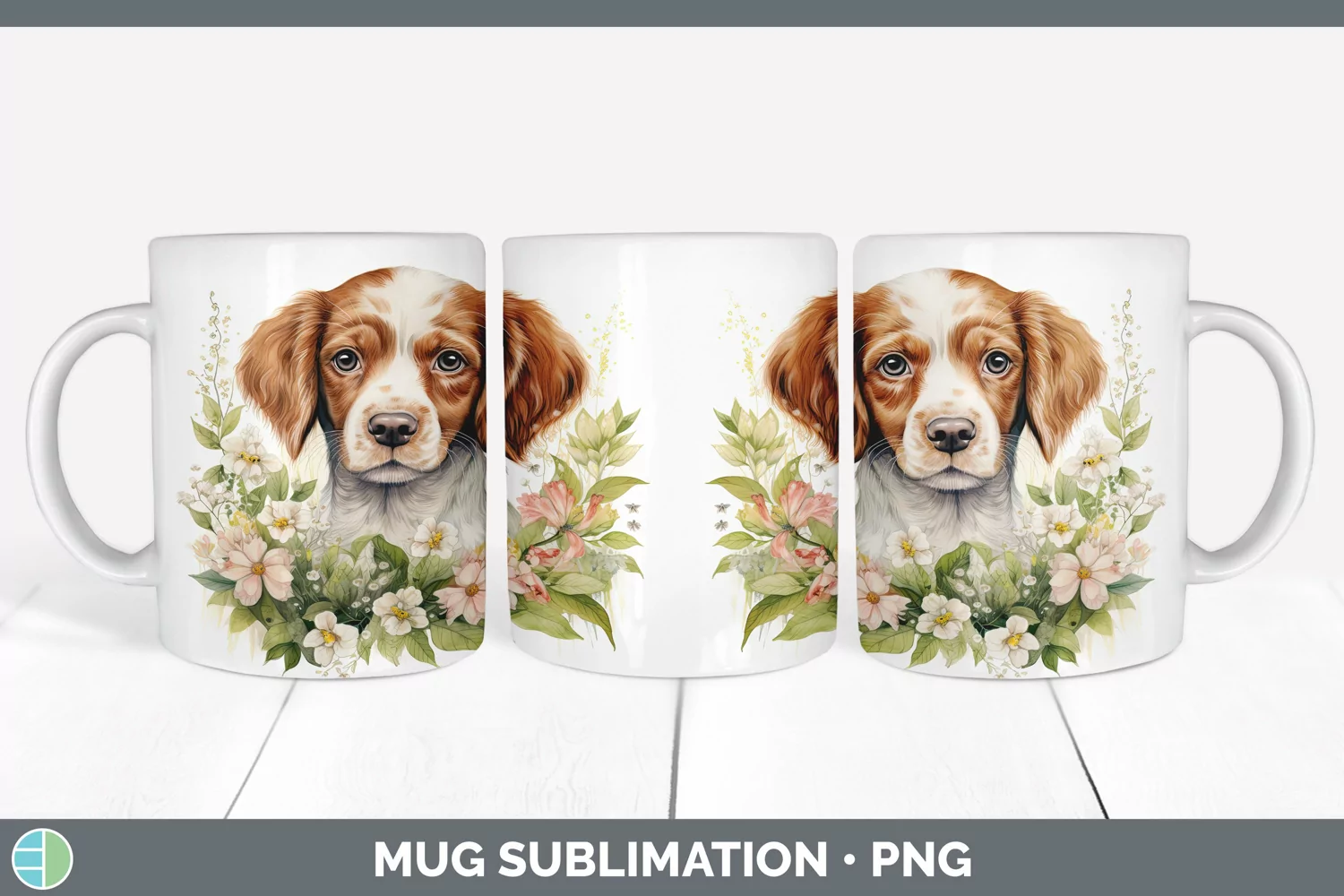 GorgeousWild Flowers Brittany Dogs Mug Wrap design.