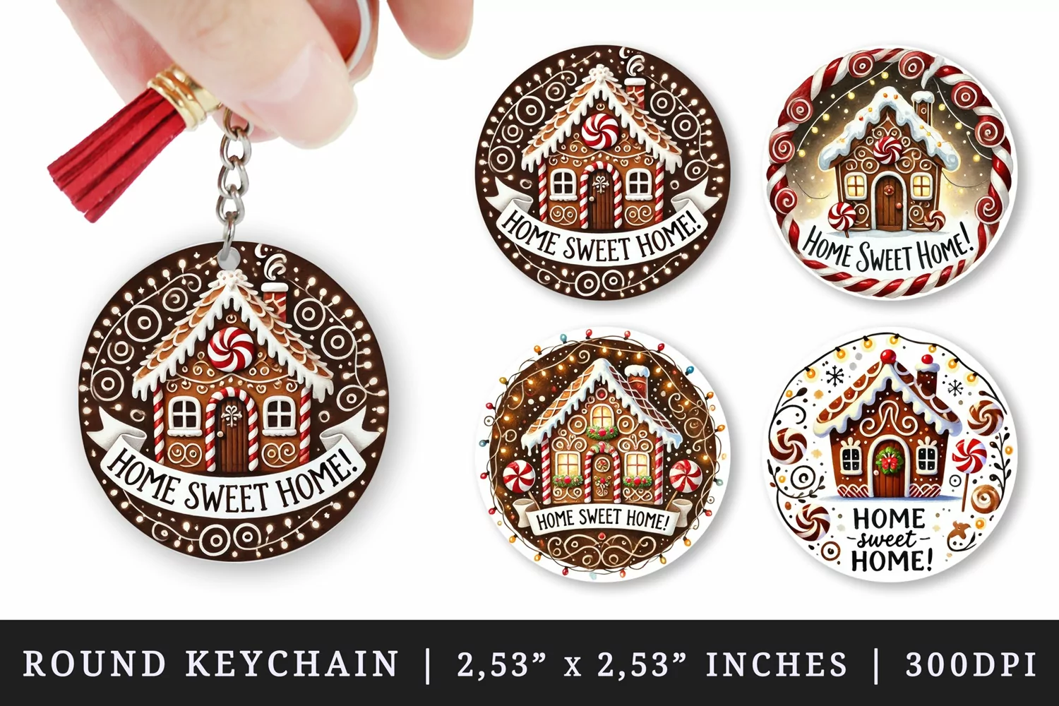 Watercolor brown decorated gingerbread house Sweet home Merry Christmas quote New Year winter print round keychain keychains sublimation design