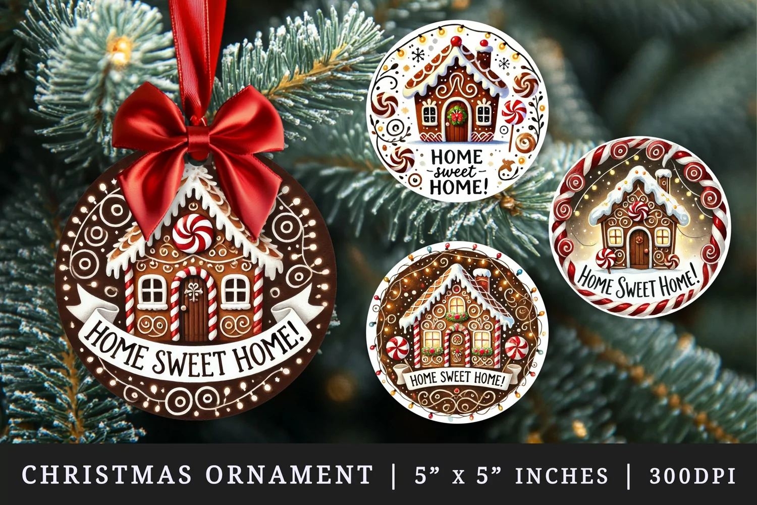 Watercolor brown decorated gingerbread house Sweet home Merry Christmas quote New Year winter print round ornament ornaments sublimation design