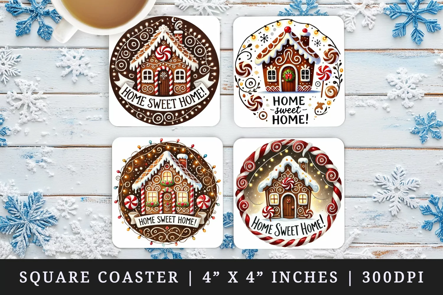 Watercolor brown decorated gingerbread house Sweet home Merry Christmas quote New Year winter print square coaster mug coasters sublimation design