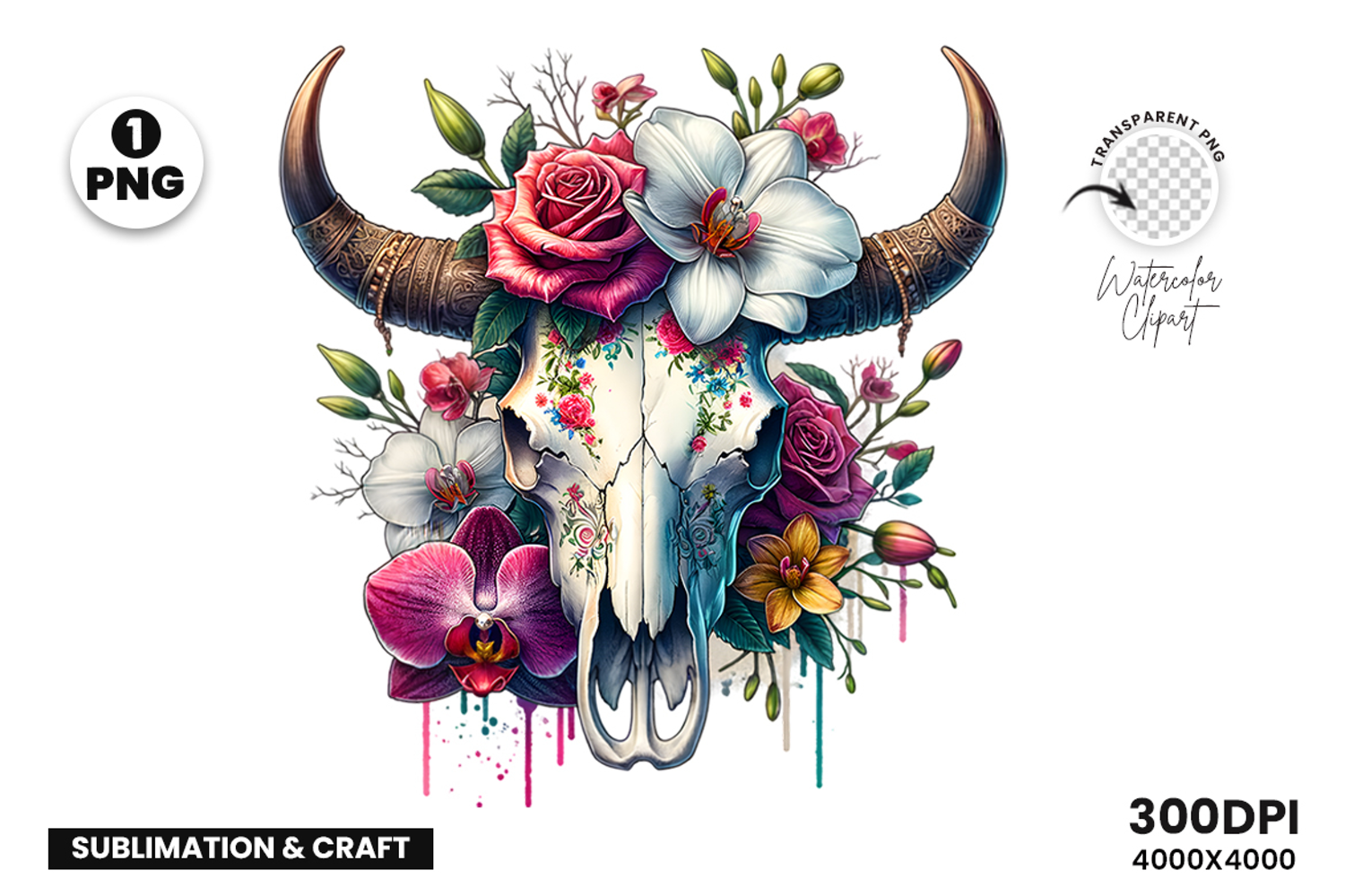 watercolor bull skull png, rustic western clipart, floral cow skull sublimation, boho bull skull design, bull skull printable art, cowboy western png, farmhouse bull skull clipart, bohemian skull sublimation, rustic floral skull png, country western skull