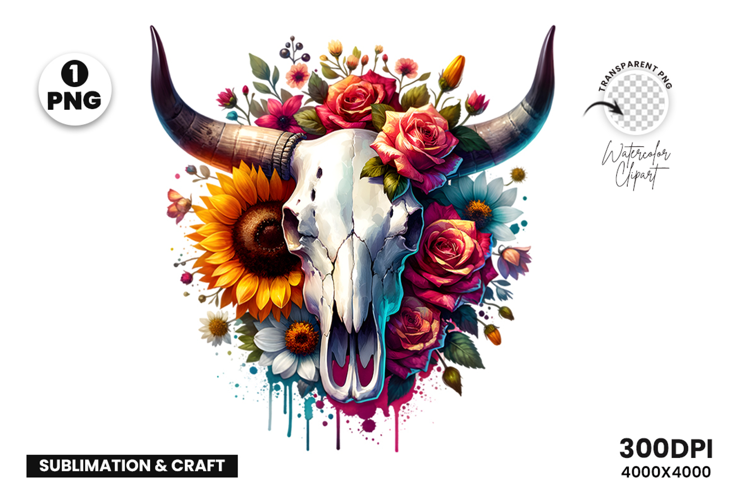 watercolor bull skull png, rustic western clipart, floral cow skull sublimation, boho bull skull design, bull skull printable art, cowboy western png, farmhouse bull skull clipart, bohemian skull sublimation, rustic floral skull png, country western skull