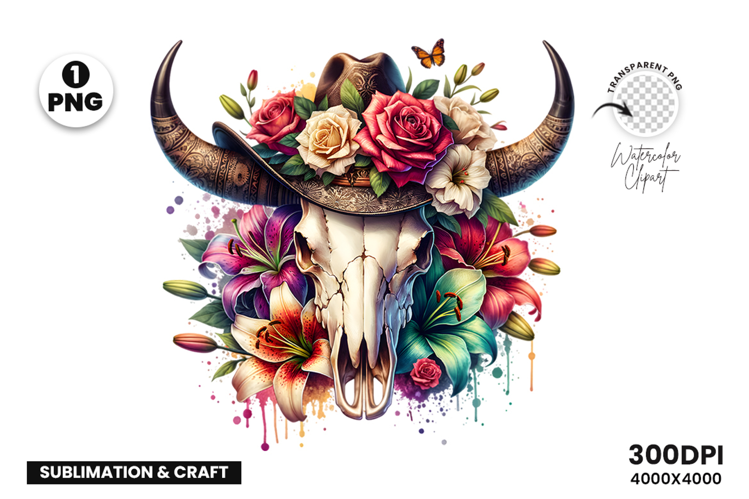 watercolor bull skull png, rustic western clipart, floral cow skull sublimation, boho bull skull design, bull skull printable art, cowboy western png, farmhouse bull skull clipart, bohemian skull sublimation, rustic floral skull png, country western skull