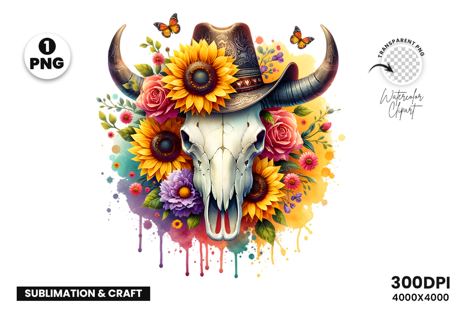 watercolor bull skull png, rustic western clipart, floral cow skull sublimation, boho bull skull design, bull skull printable art, cowboy western png, farmhouse bull skull clipart, bohemian skull sublimation, rustic floral skull png, country western skull