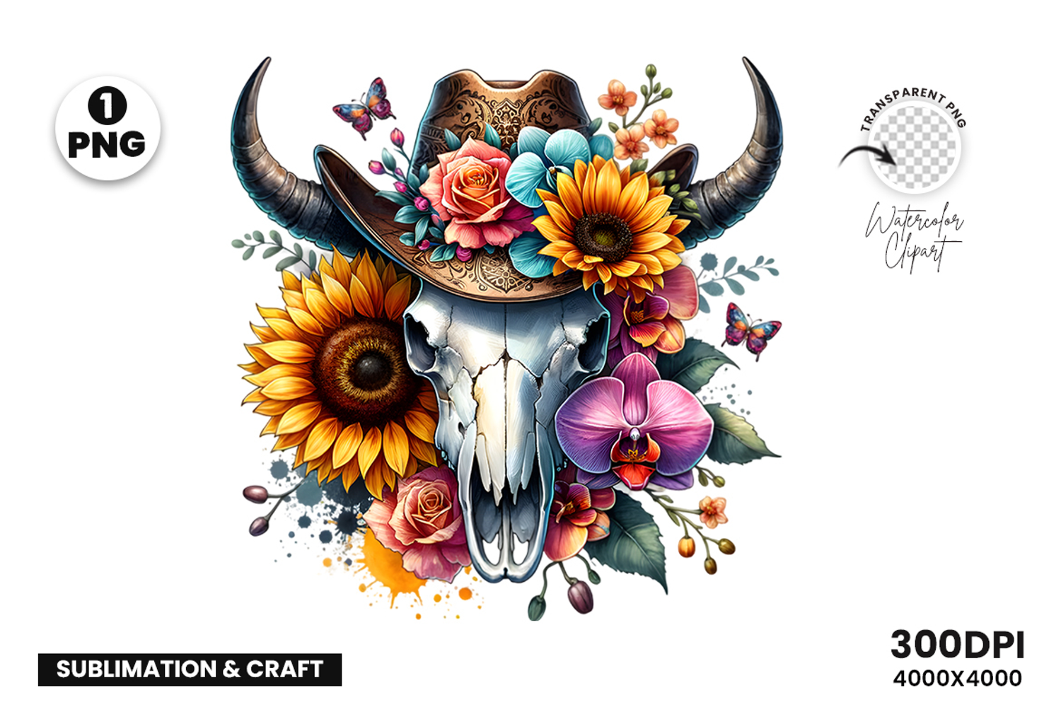watercolor bull skull png, rustic western clipart, floral cow skull sublimation, boho bull skull design, bull skull printable art, cowboy western png, farmhouse bull skull clipart, bohemian skull sublimation, rustic floral skull png, country western skull