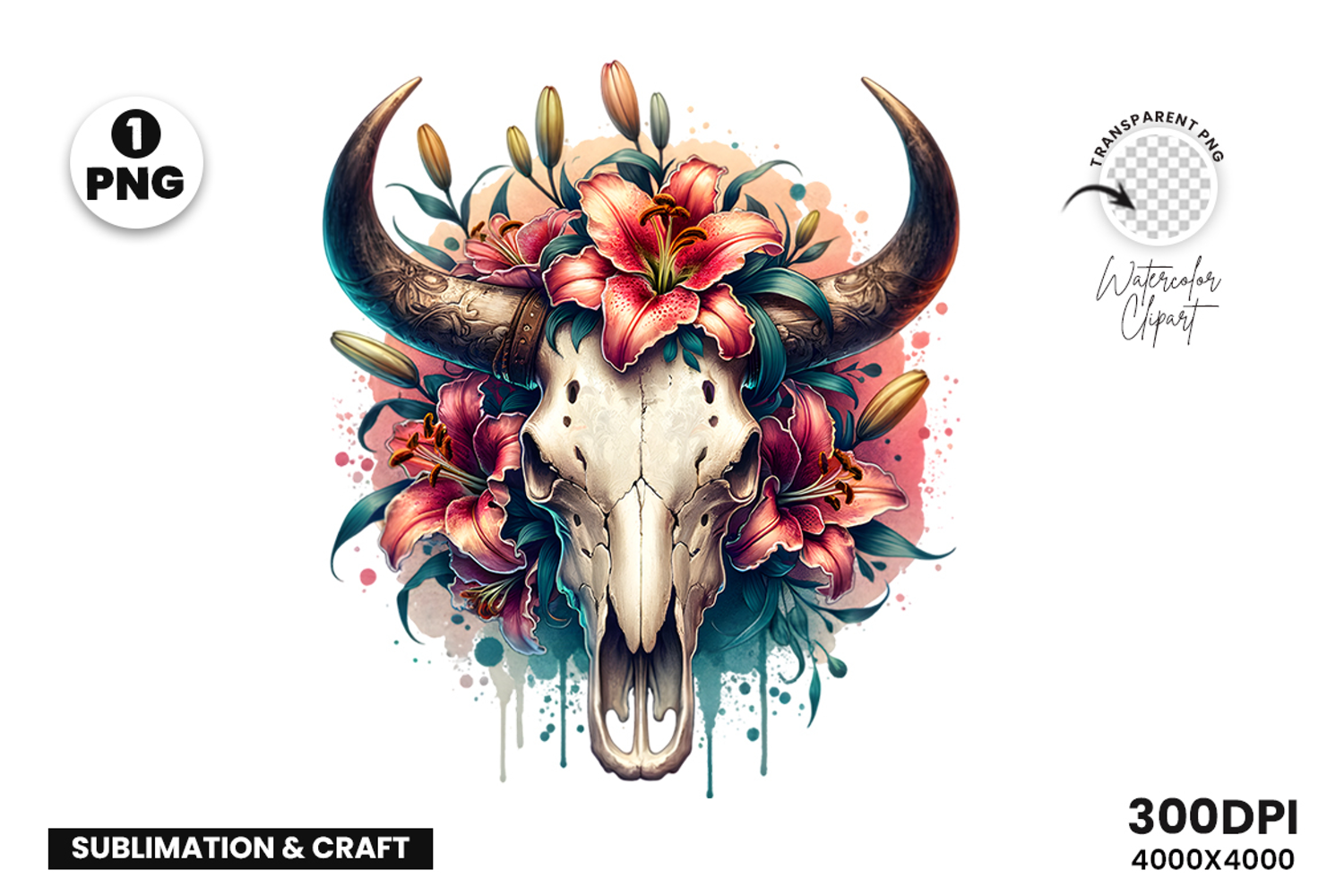 watercolor bull skull png, rustic western clipart, floral cow skull sublimation, boho bull skull design, bull skull printable art, cowboy western png, farmhouse bull skull clipart, bohemian skull sublimation, rustic floral skull png, country western skull