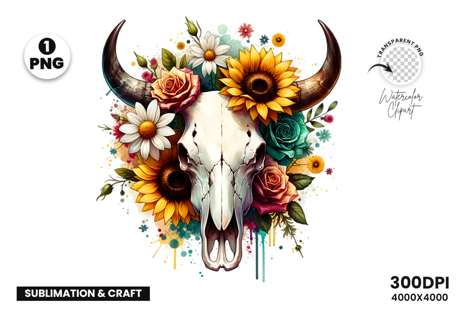 watercolor bull skull png, rustic western clipart, floral cow skull sublimation, boho bull skull design, bull skull printable art, cowboy western png, farmhouse bull skull clipart, bohemian skull sublimation, rustic floral skull png, country western skull