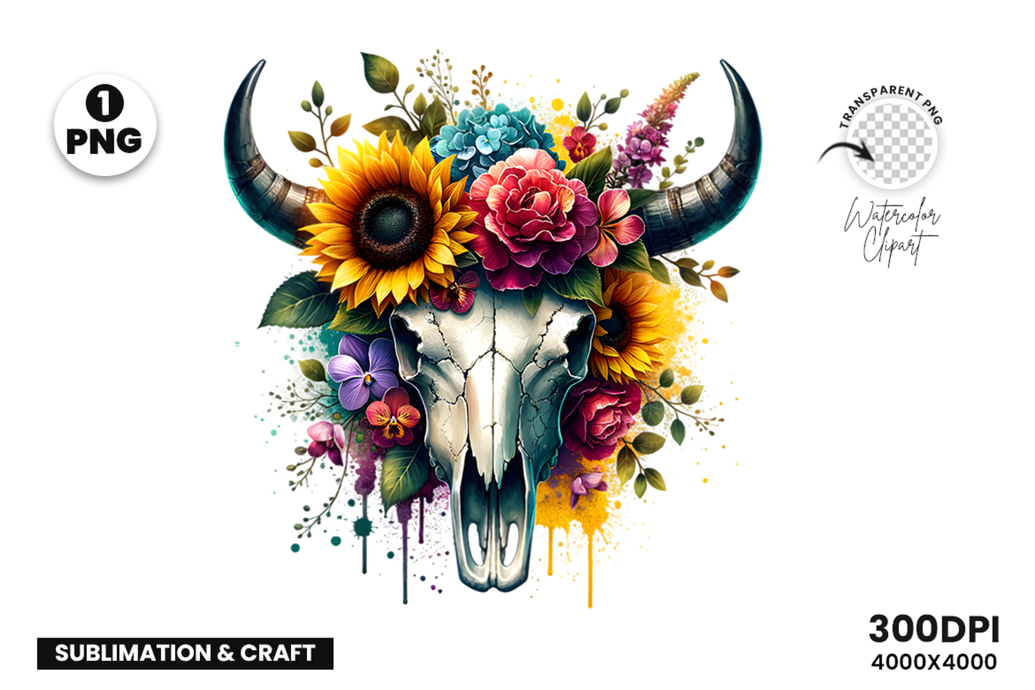 watercolor bull skull png, rustic western clipart, floral cow skull sublimation, boho bull skull design, bull skull printable art, cowboy western png, farmhouse bull skull clipart, bohemian skull sublimation, rustic floral skull png, country western skull
