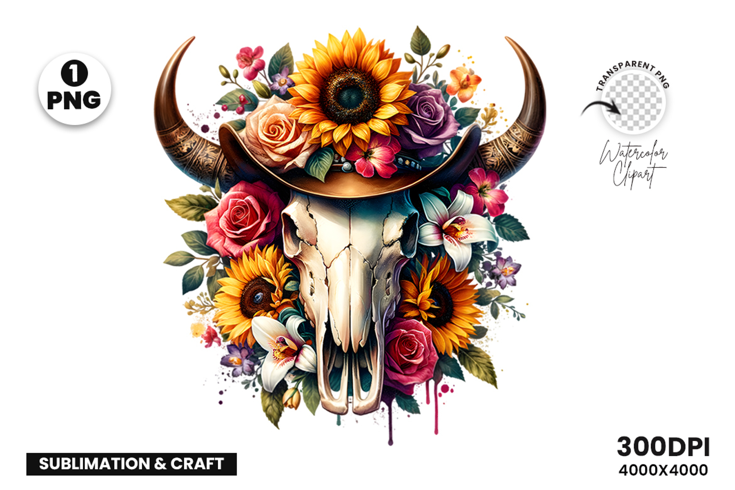 watercolor bull skull png, rustic western clipart, floral cow skull sublimation, boho bull skull design, bull skull printable art, cowboy western png, farmhouse bull skull clipart, bohemian skull sublimation, rustic floral skull png, country western skull