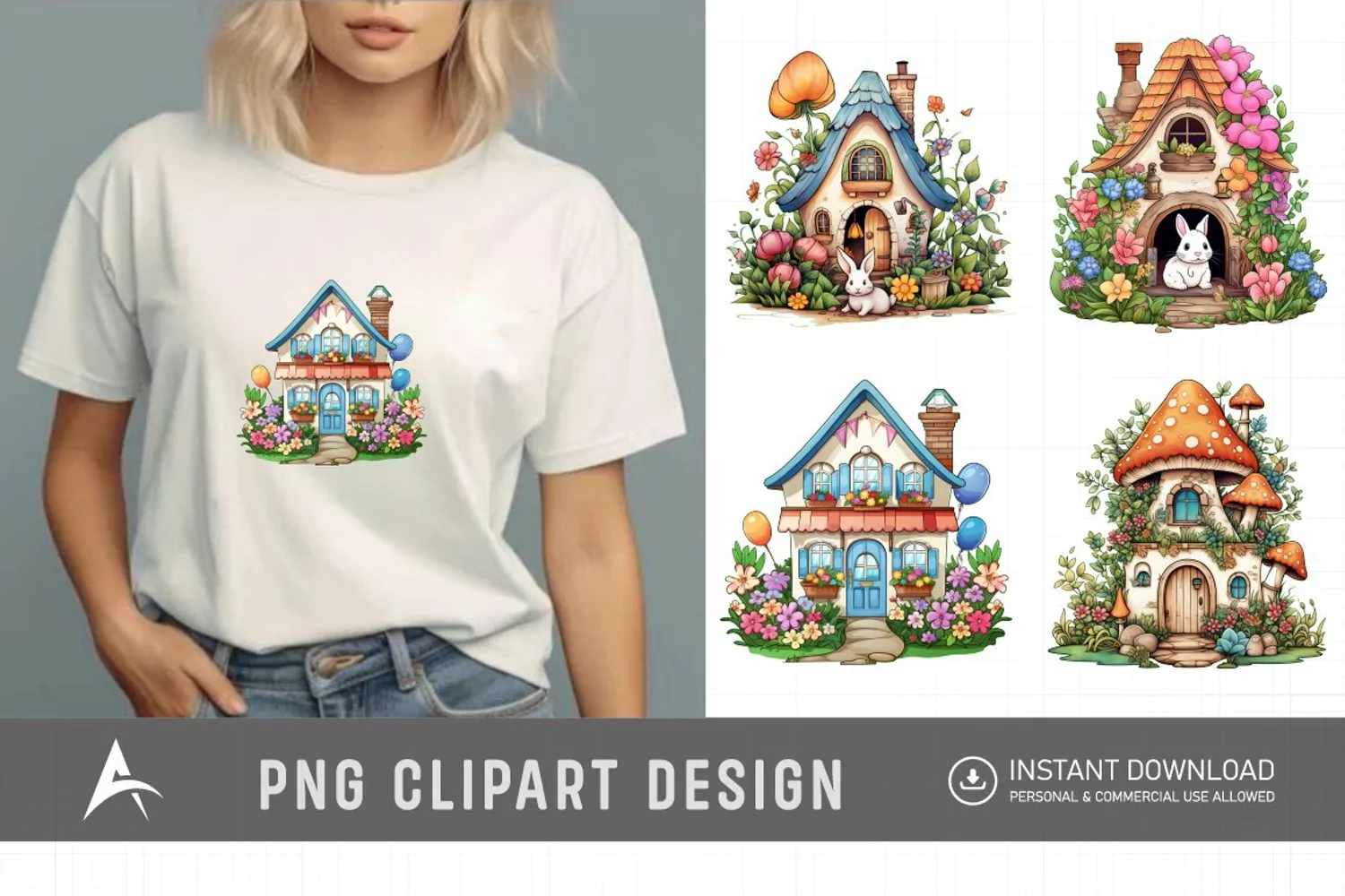 Watercolor Bunny House Clipart product image 1