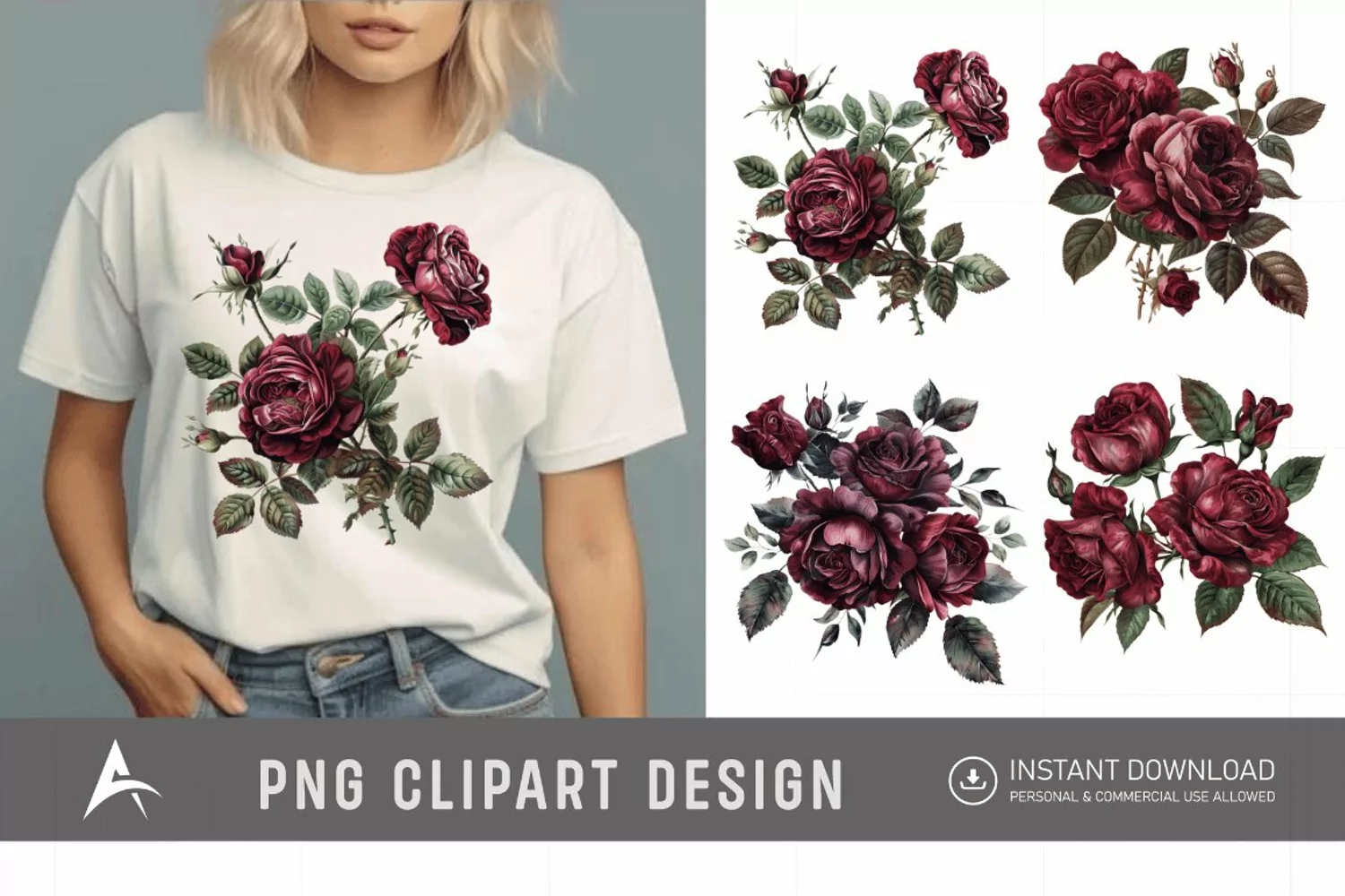 Watercolor Burgundy Roses Clipart product image 1