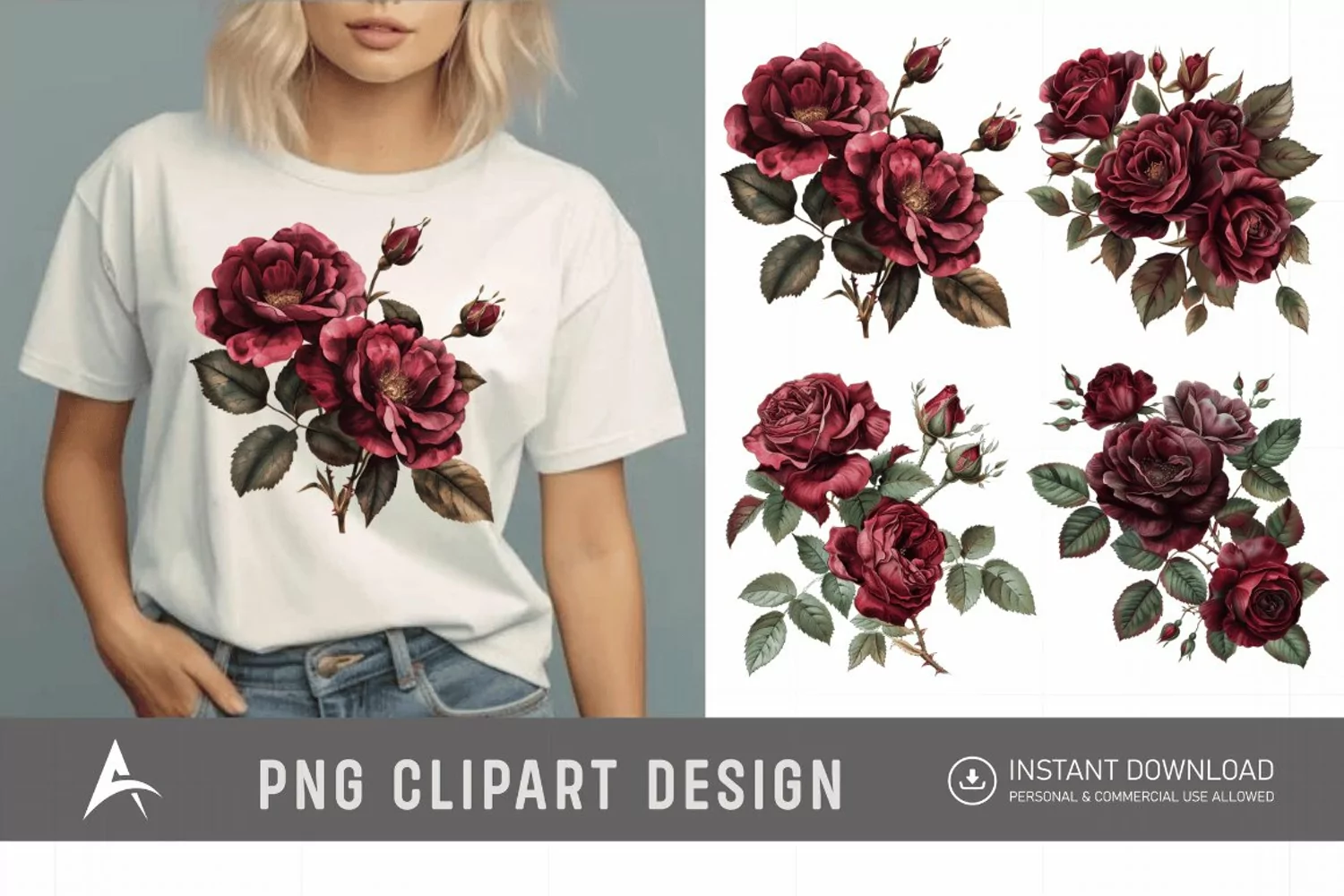 Watercolor Burgundy Roses Clipart product image 1