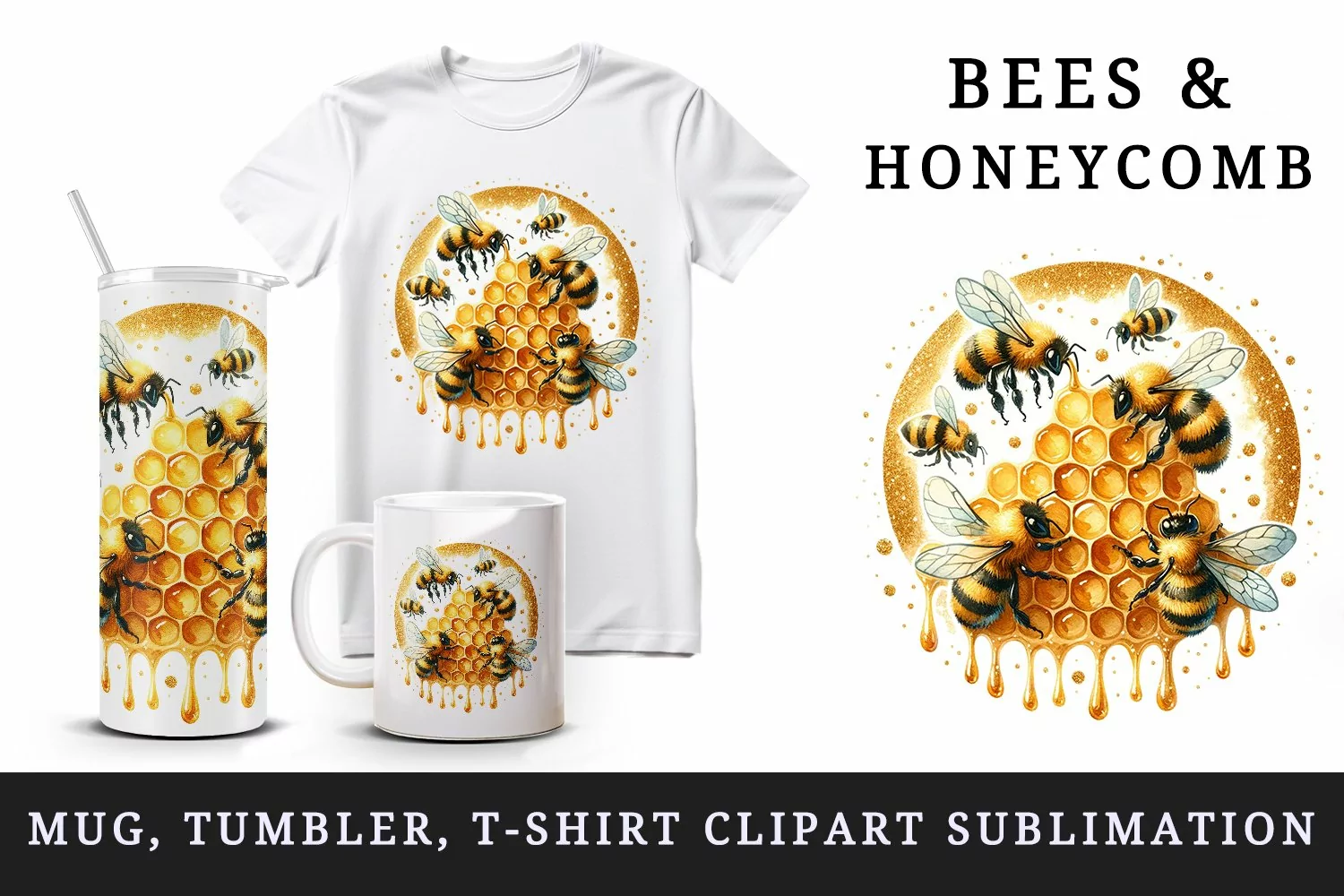 Watercolor Busy bees buzzing honeycomb dripping golden sparkly honey print 20 oz tumbler skinny mug wrap clipart t-shirt sublimation printable design