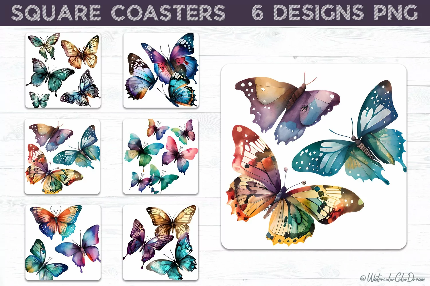 Watercolor Butterflies Square Coasters | Butterfly Coasters product image 1