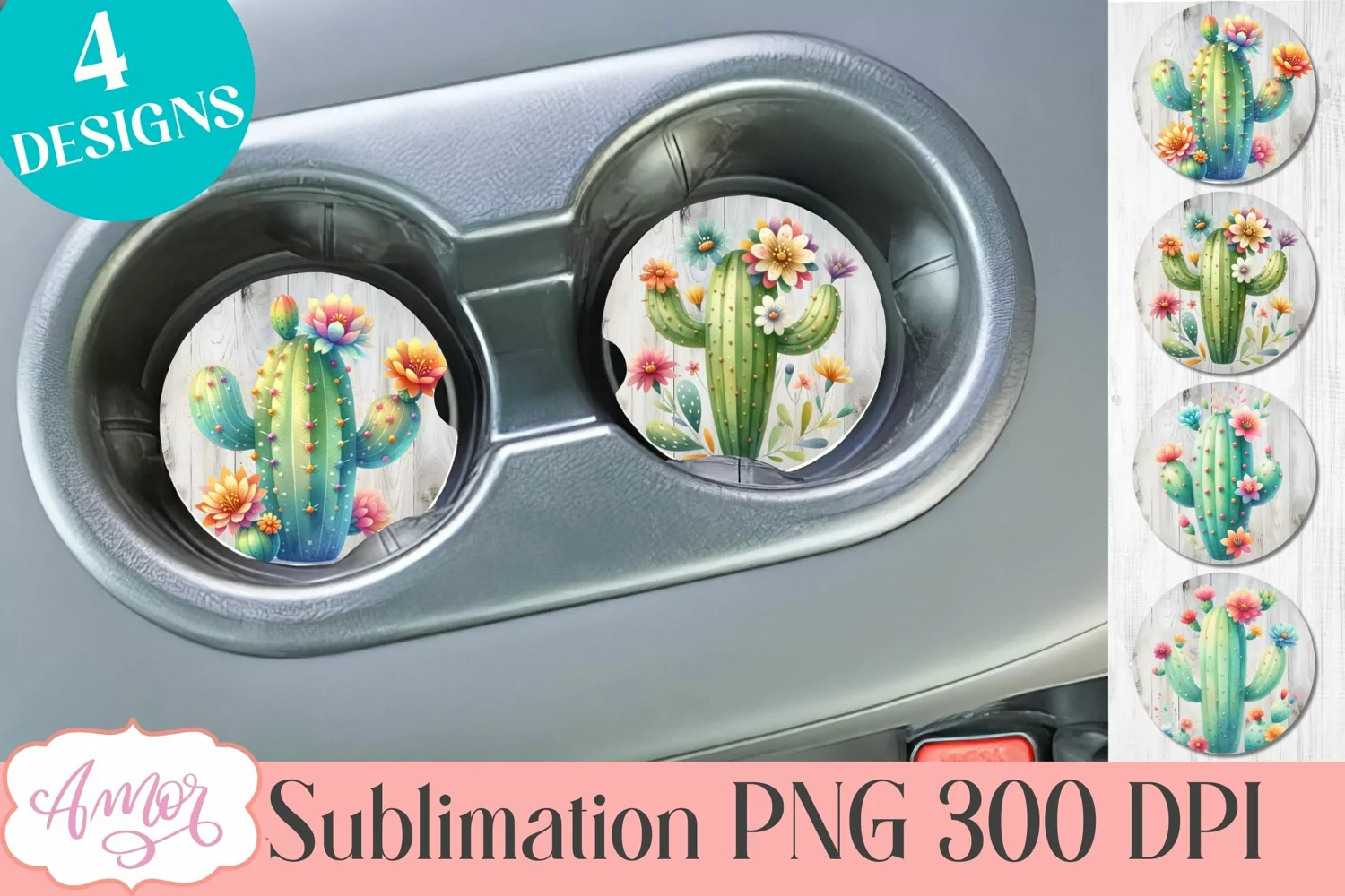 Watercolor cactus designs for car coaster sublimation product image 1