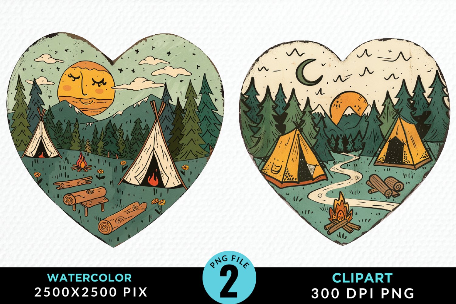 Watercolor Camping Heart Image Clipart product image 1