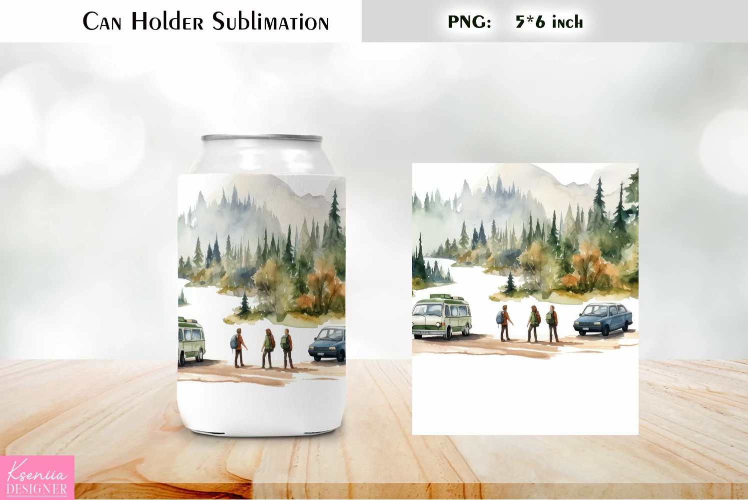Fall Camping Can Cooler Wrap |Watercolor Can Holder PNG product image 1