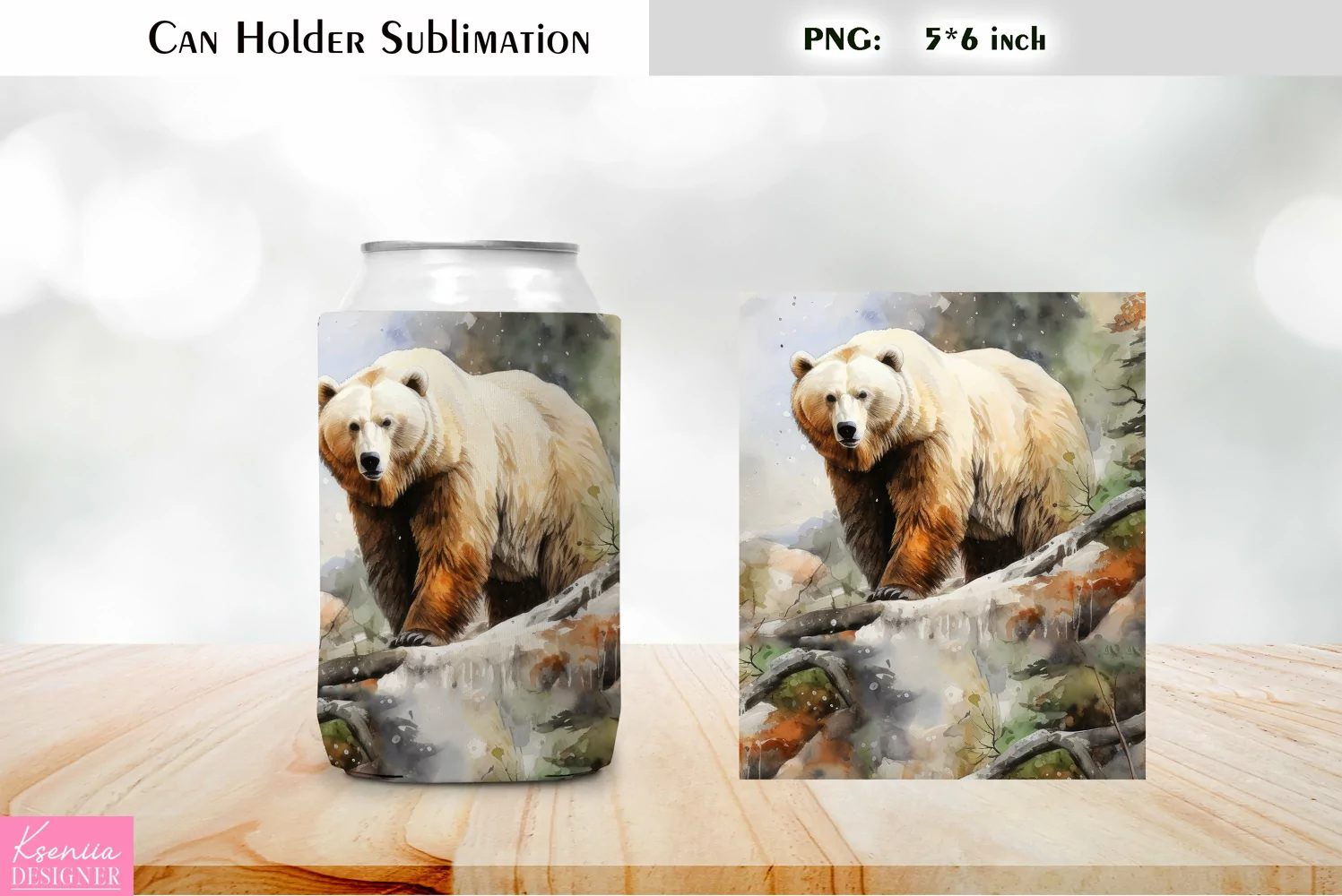 White Bear Can Cooler Wrap|Watercolor Can Holder Sublimation product image 1