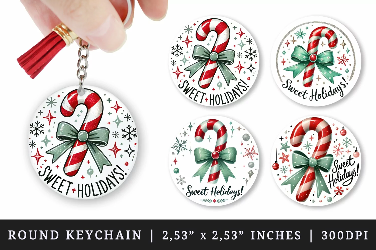 Watercolor candy cane with bow stars and snowflakes Sweet Holidays quote Christmas New Year winter print round keychain keychains sublimation design