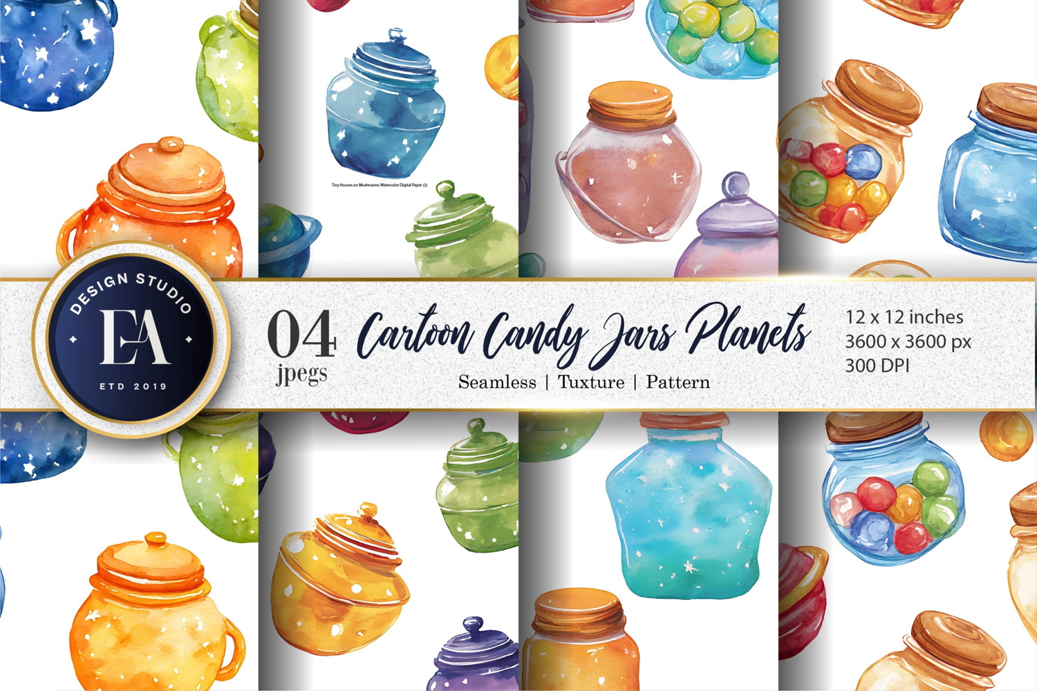 Cartoon Candy Planets in Jars Seamless Digital Paper product image 1