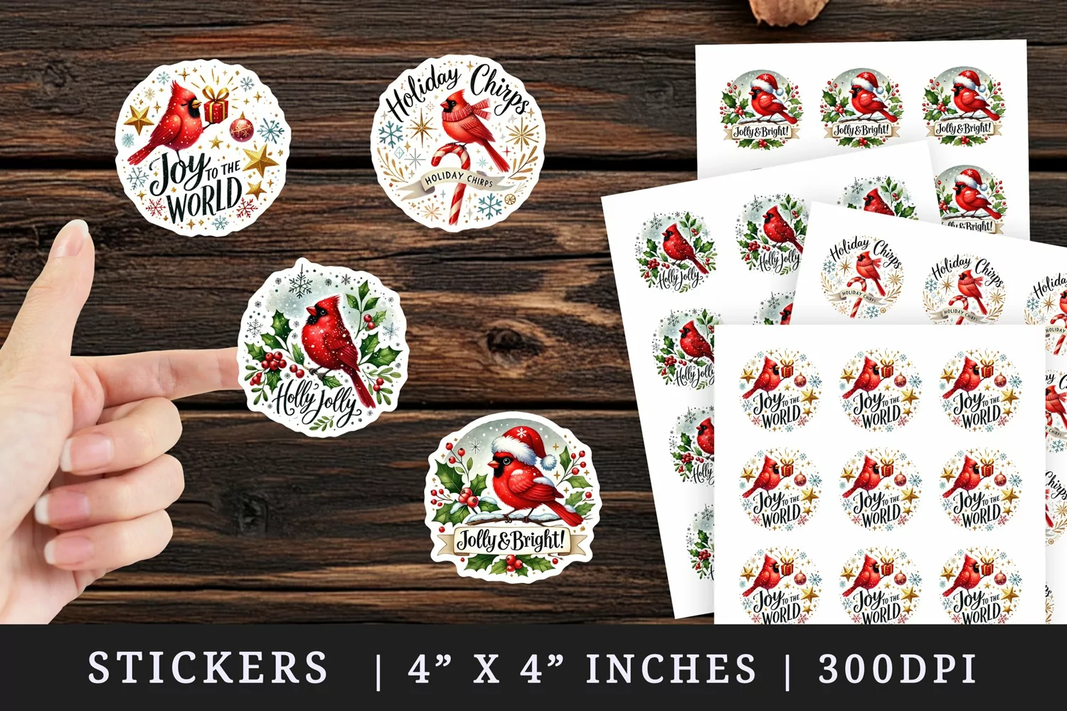 Watercolor cardinal on branch hat holly berries mistletoe Christmas quote New Year winter print sticker sheet stickers printable sublimation design png