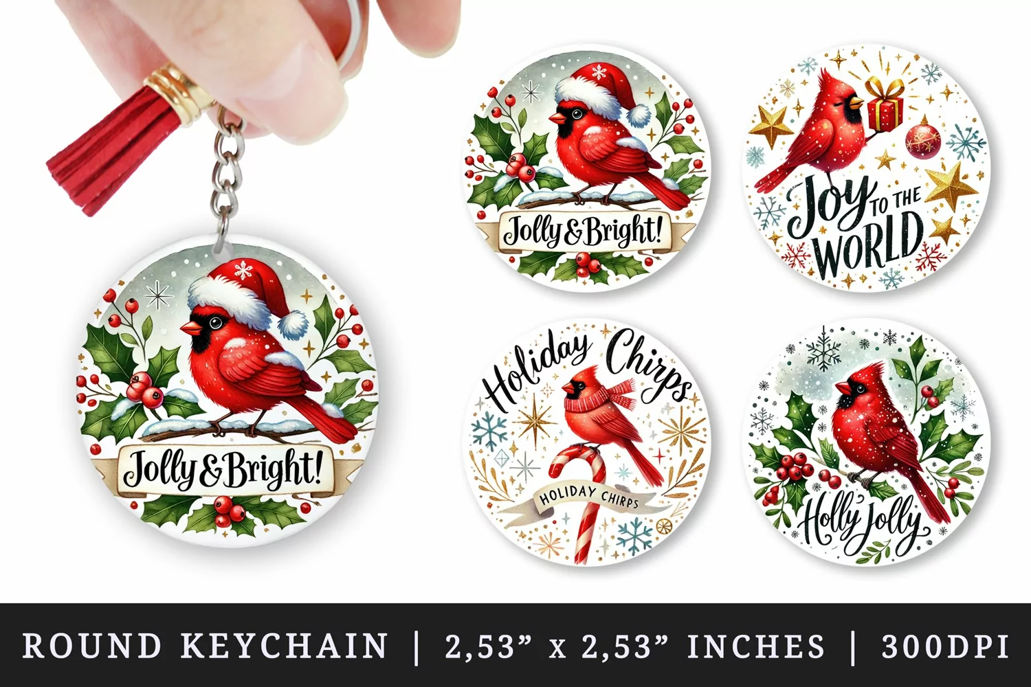 Watercolor cardinal on branch Santa hat holly berries mistletoe Christmas quote New Year winter print round keychain keychains sublimation design