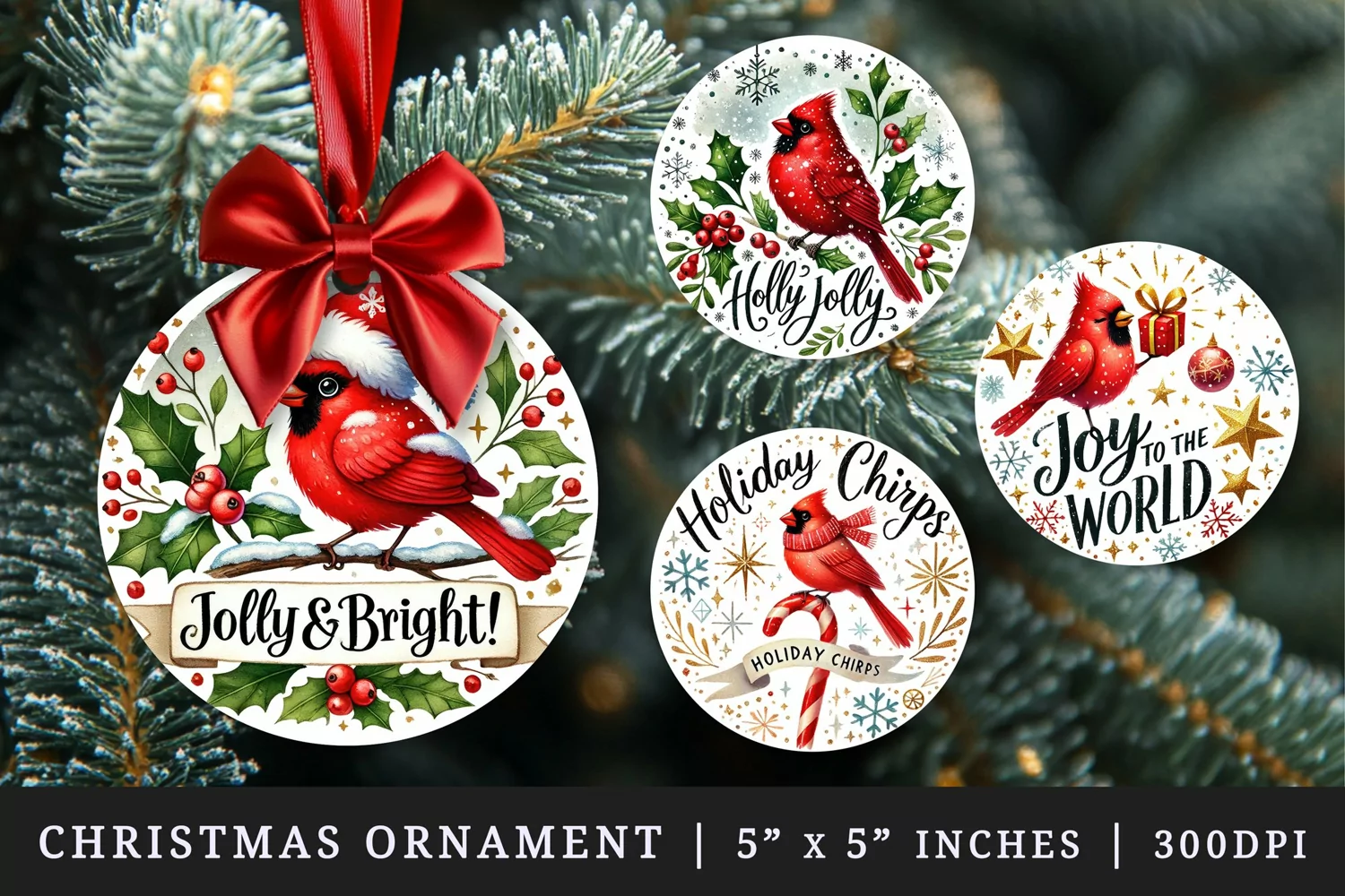 Watercolor cardinal on branch Santa hat holly berries mistletoe Christmas quote New Year winter print round ornament ornaments sublimation design