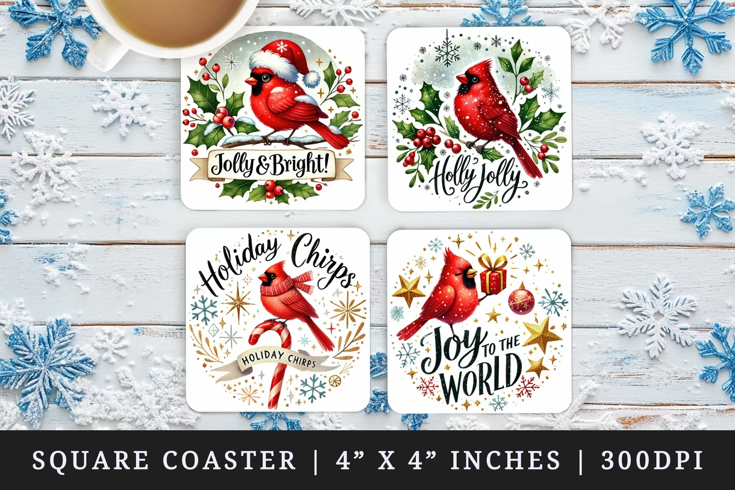Watercolor cardinal on branch Santa hat holly berries mistletoe Christmas quote New Year winter print square coaster mug coasters sublimation design