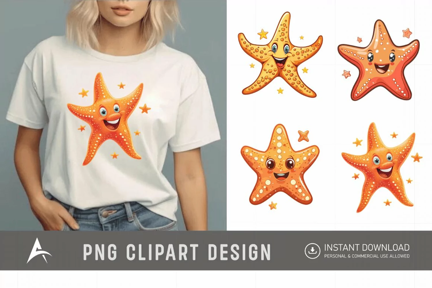 Watercolor cute cartoon Starfish smiling Clipart product image 1