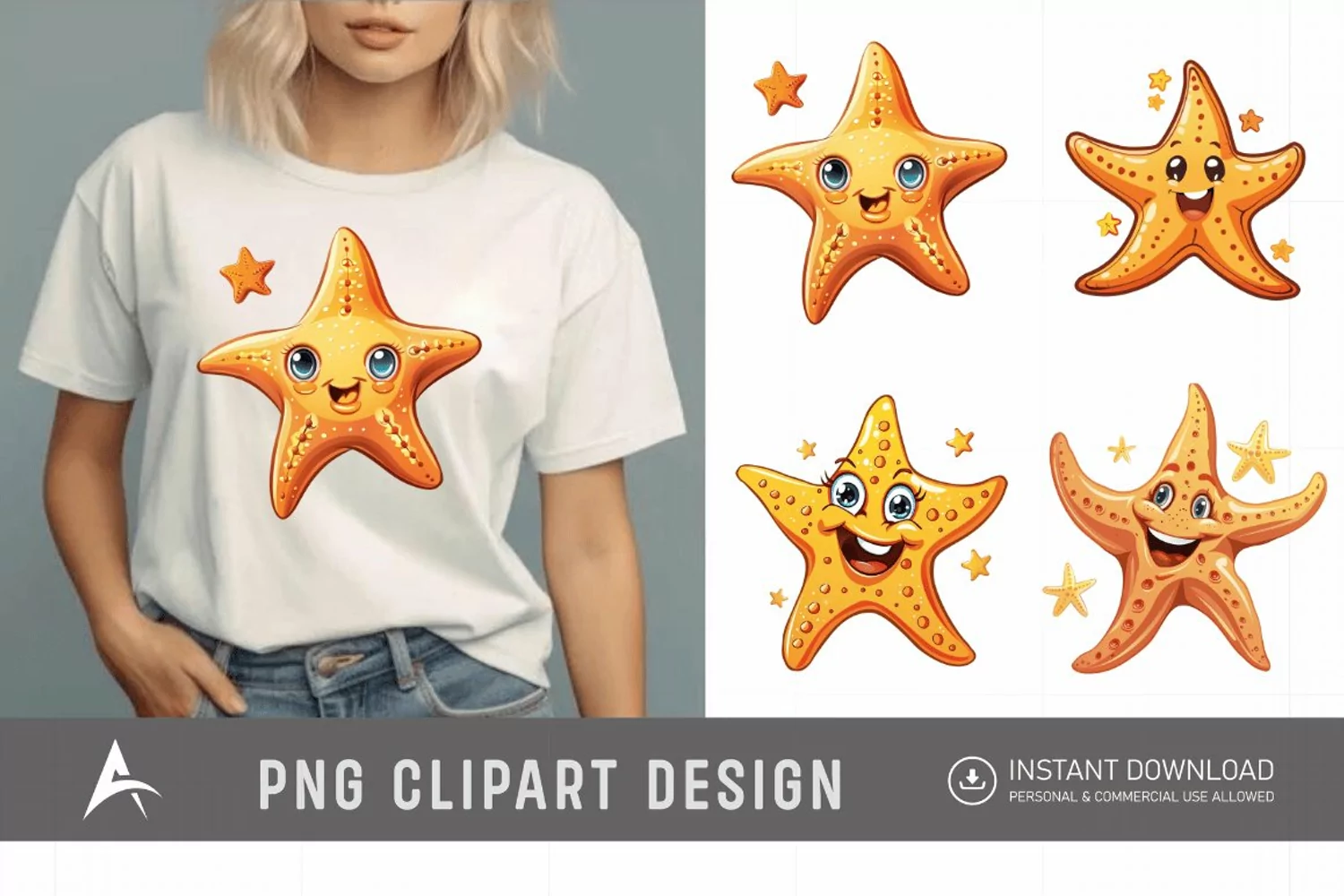 Watercolor cute cartoon Starfish smiling Clipart product image 1