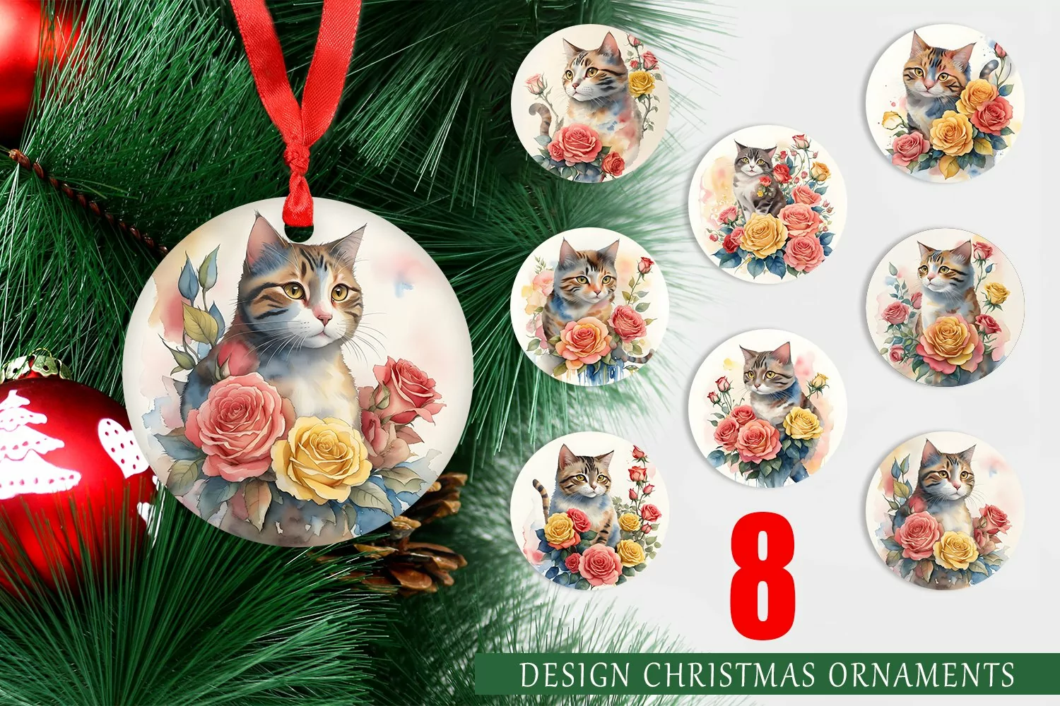 Christmas Ornaments Watercolor Cat Flower product image 1