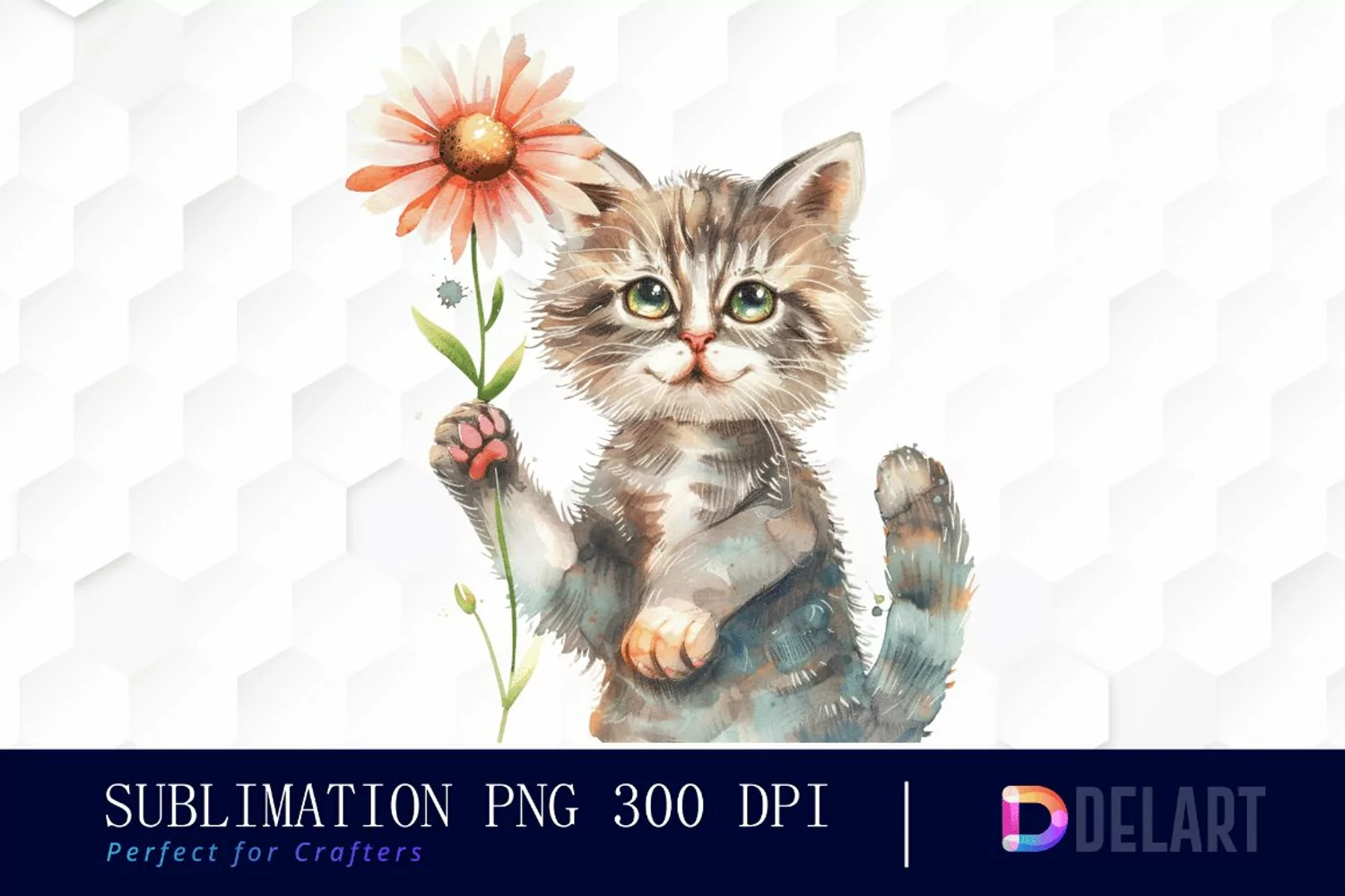 Cat Holding Flower Watercolor Clipart product image 1