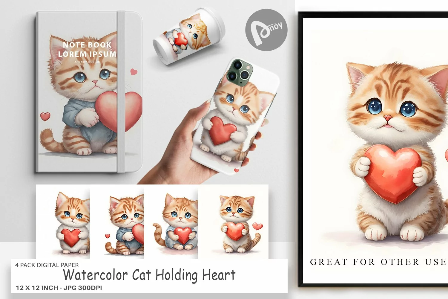 Digital Paper Watercolor Cat and Heart product image 1