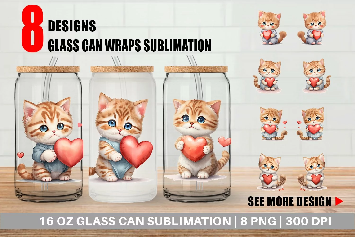 Glass Can Wraps Cat Holding Heart product image 1
