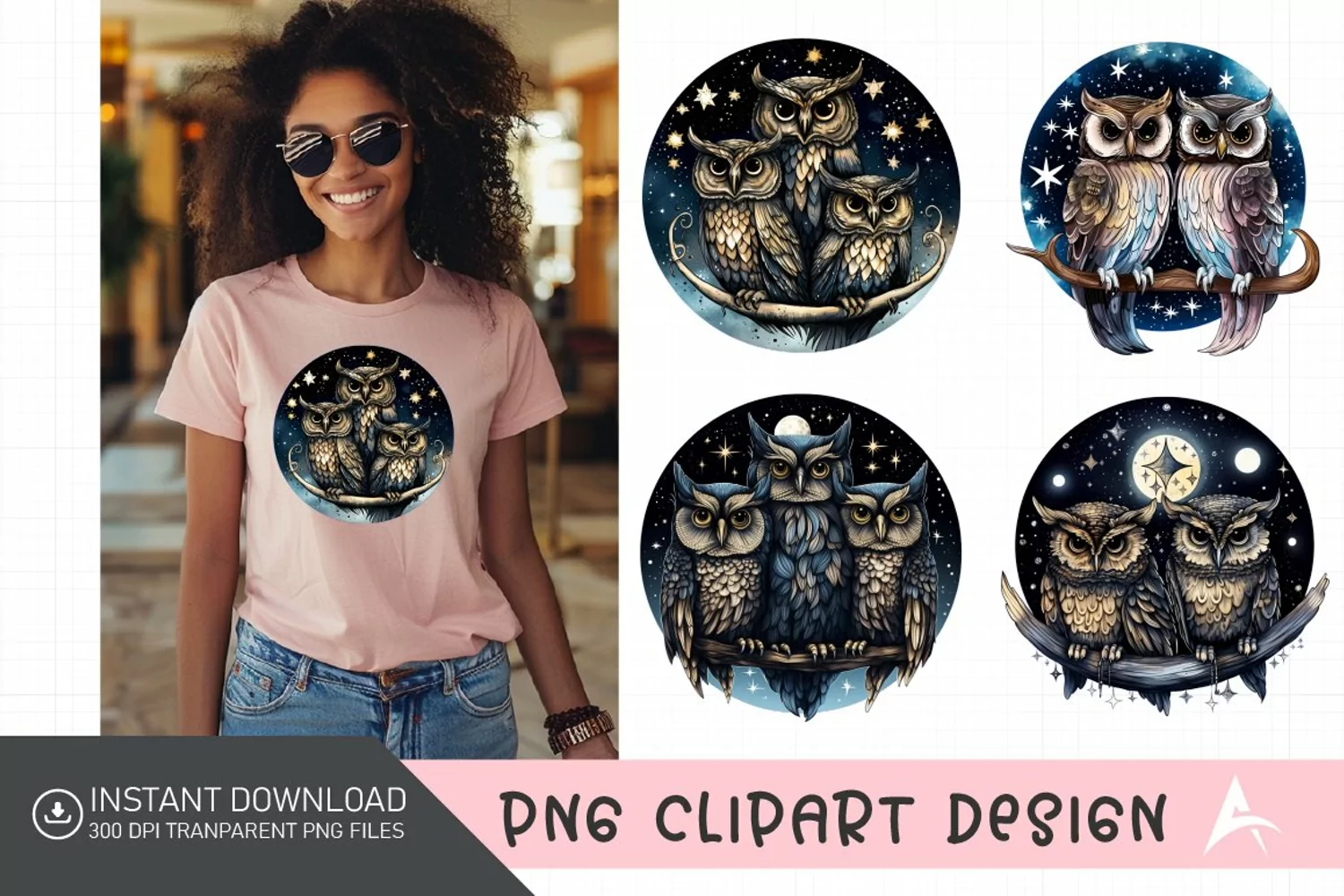 Watercolor Celestial Owls Clipart product image 1
