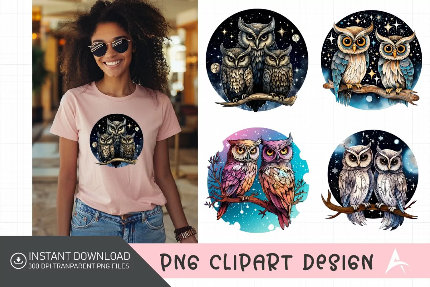Watercolor Celestial Owls Clipart product image 1