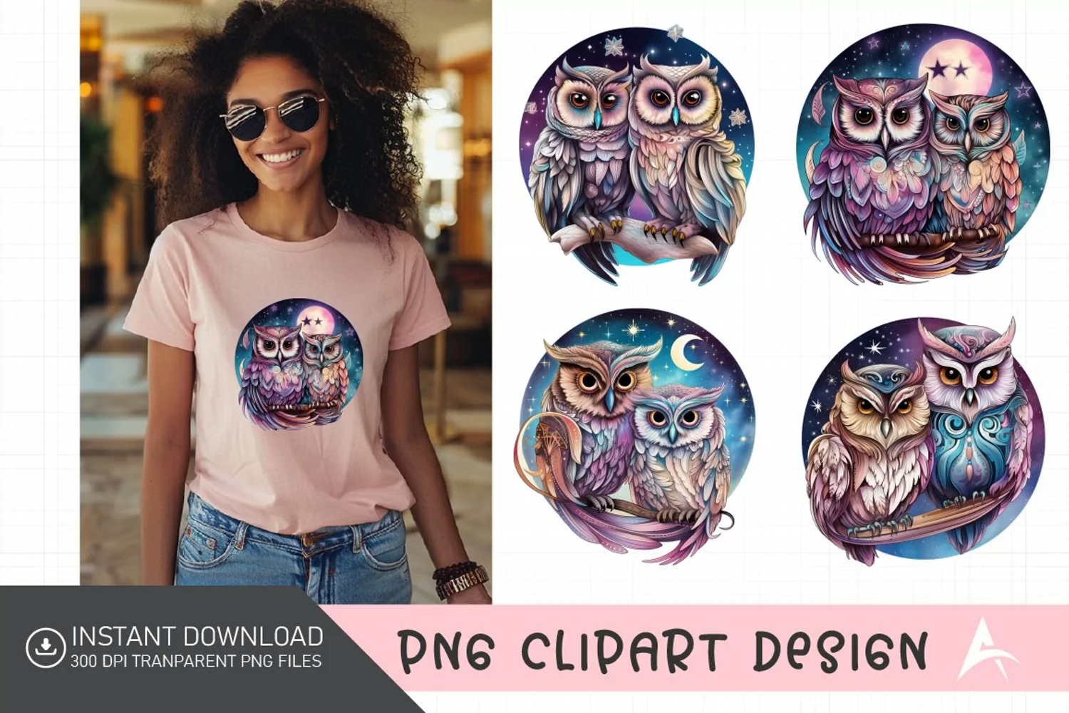 Watercolor Celestial Owls Clipart product image 1