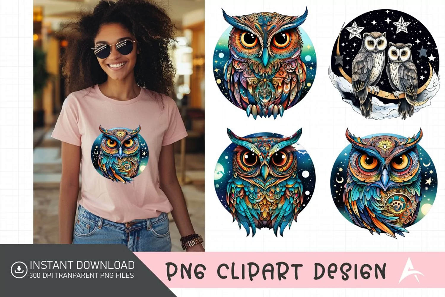 Watercolor Celestial Owls Clipart product image 1