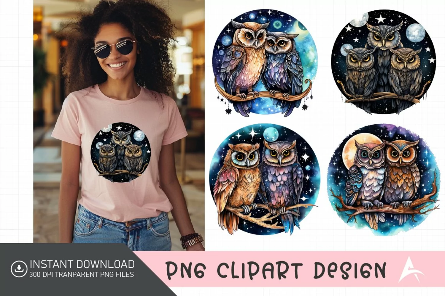 Watercolor Celestial Owls Clipart product image 1