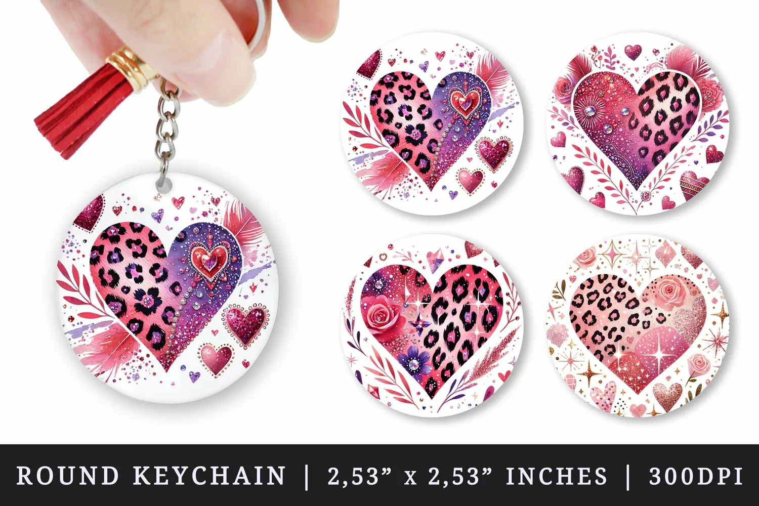 Watercolor charming heart featuring pink leopard print and glittering accents Valentines Day love print round keychain keychains sublimation design