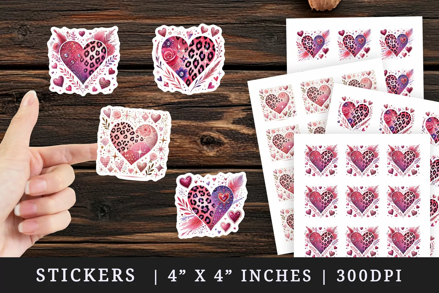 Watercolor charming heart pink leopard print and glittering accents Valentines Day love print sticker sheet stickers printable sublimation design png