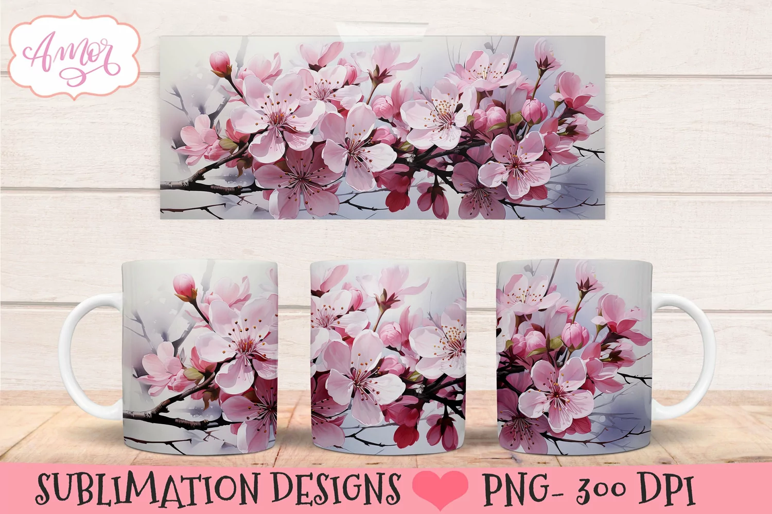 Watercolor Cherry blossom 11oz mug wrap for sublimation product image 1