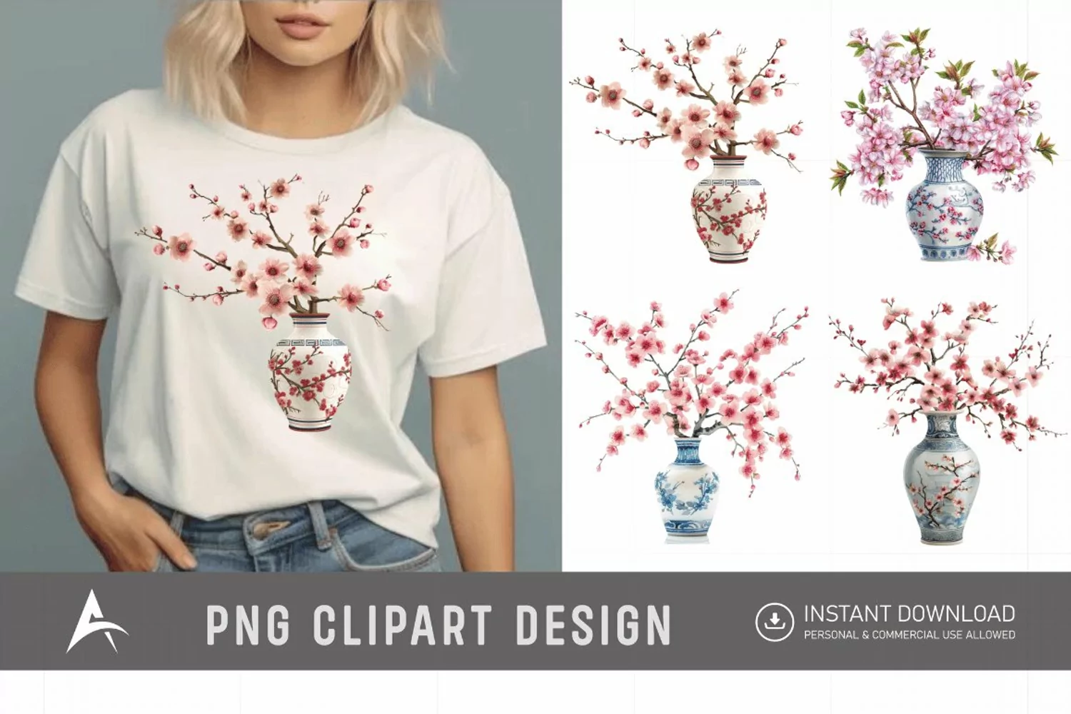 Watercolor Cherry Blossom in a vase Clipart product image 1