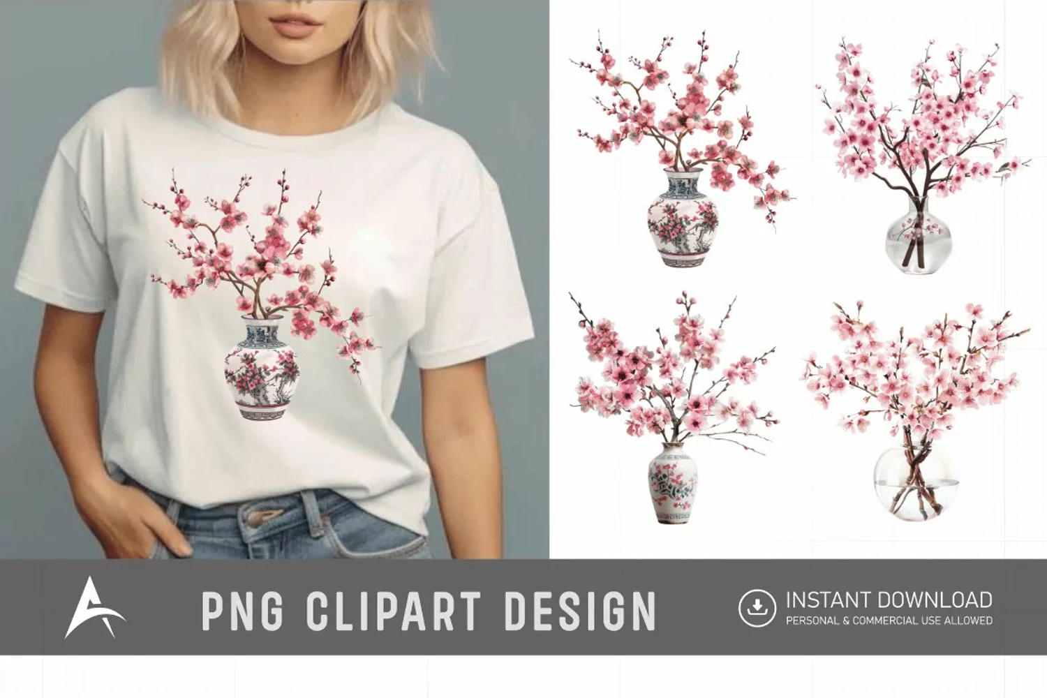 Watercolor Cherry Blossom in a vase Clipart product image 1