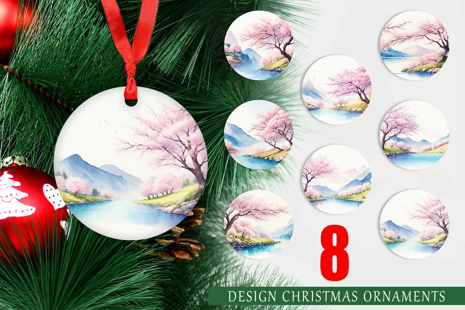 Christmas Ornaments Watercolor Cherry Blossoms product image 1