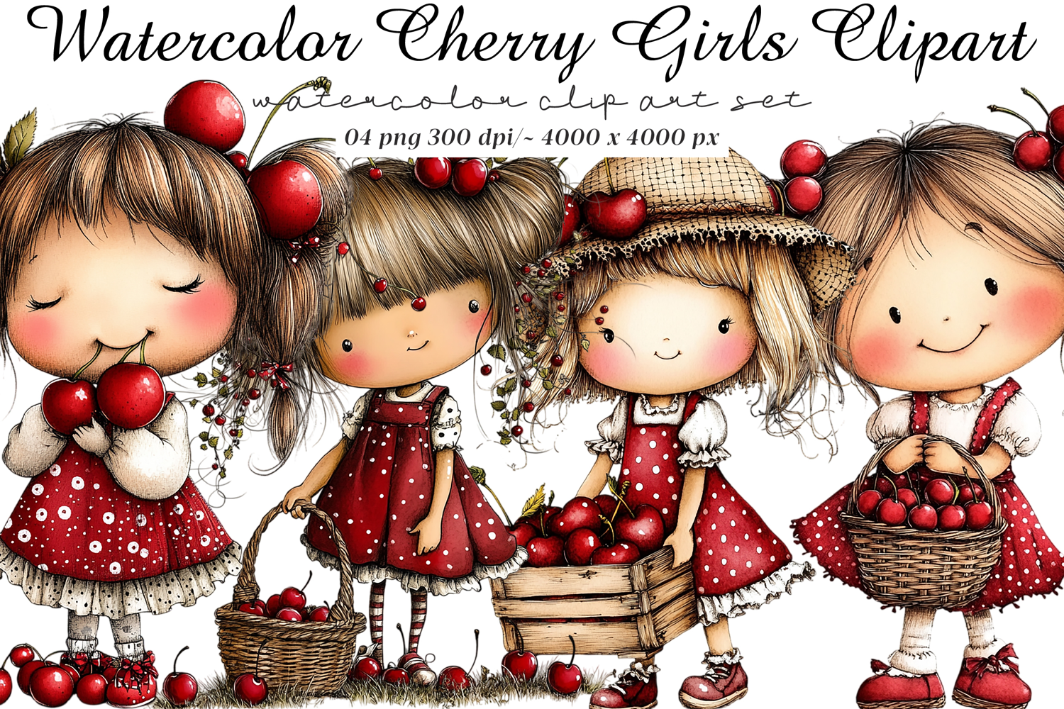 Watercolor Cherry Girls Clipart product image 1