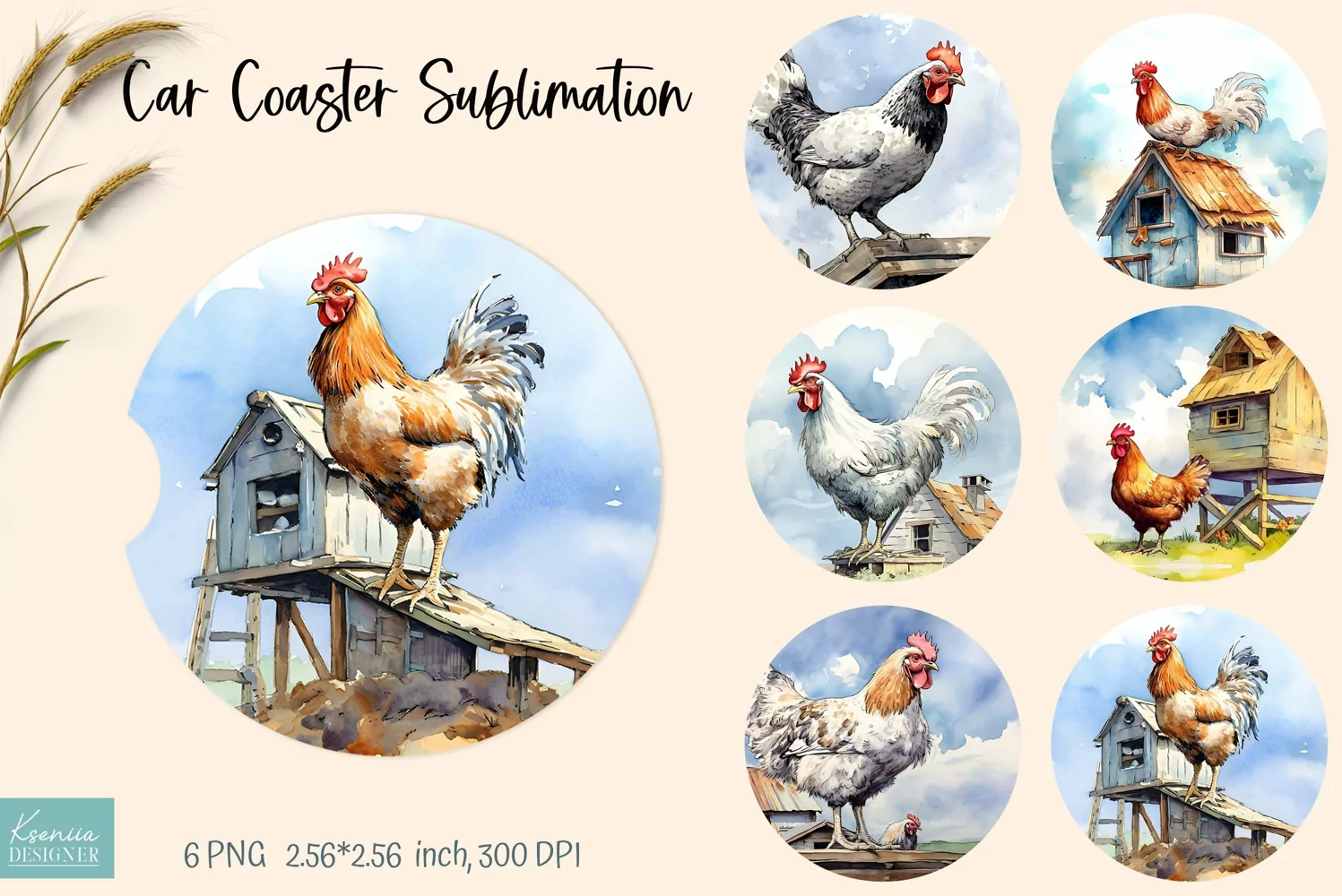 watercolor chicken car coaster sublimation