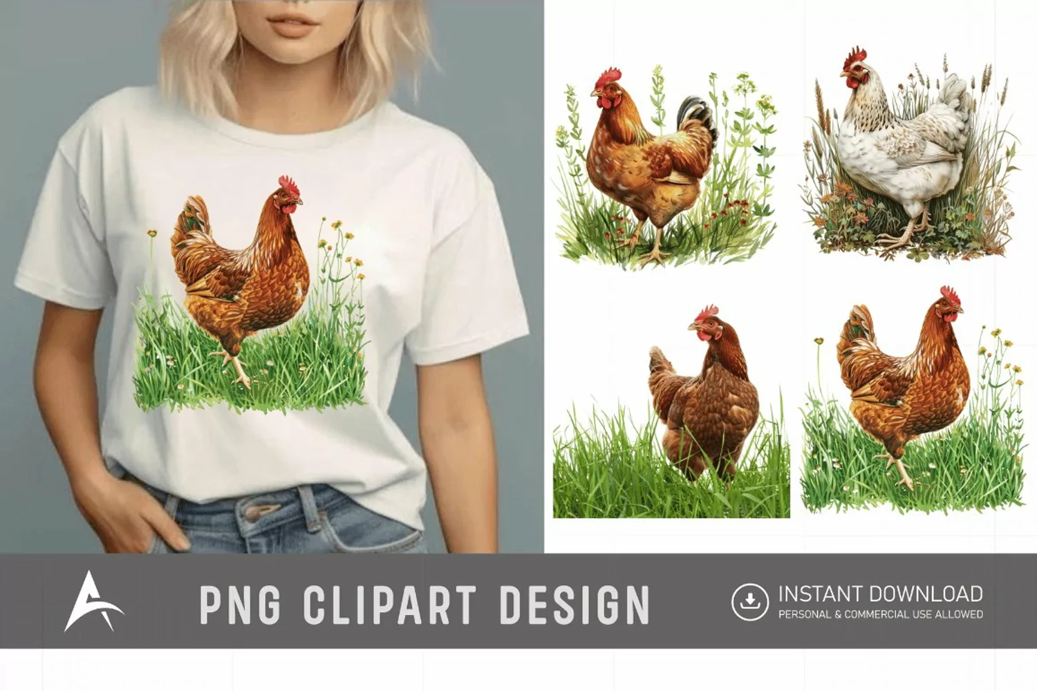 Watercolor Chicken In The Grass Clipart product image 1